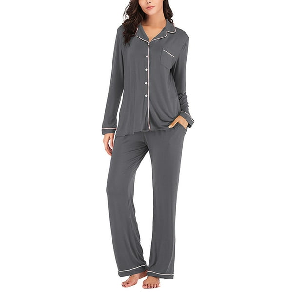 Pijamas de Satén Gibobby para Mujer Manga Larga Algodón Gris M