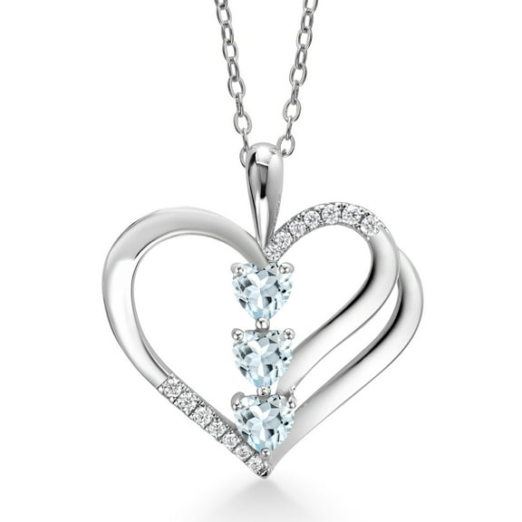 Gem Stone King 925 Sterling Silver Sky Blue Aquamarine and White Moissanite 3-Stone Pendant Necklace for Women (0.85 Cttw, Gemstone March Birthstone, Heart Shape 4MM, with 18 inch Silver Chain)