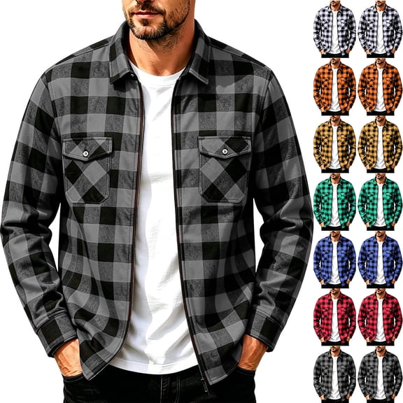 MexChoioe Mens Long Sleeve Plaid Jacket Full Zip Closure Relaxed Multi Pockets Streetwear Casual Outer Coat for Mens