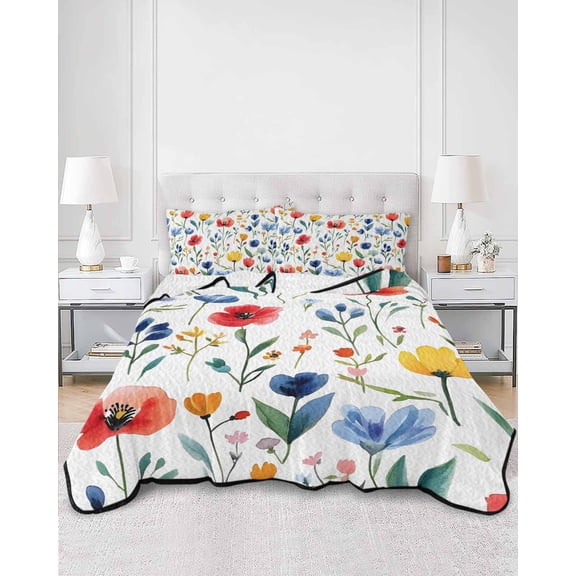 Quilts Twin Size, Colorful Poppies Soft Comforter Bedding Set for Bed, Orange Blue Flowers Leaves Lightweight Quilted Bedspread with Pillow Cover(2 Pieces) for All Season, 68x86 Inch