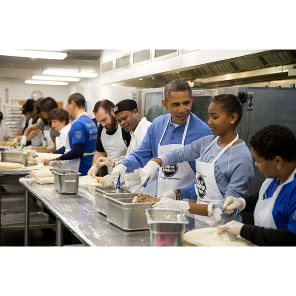 President Barack Obama And His Daughter Sasha Assemble Burritos At Dc Central Kitchen. It Was A Martin Luther King History (24 x 18)