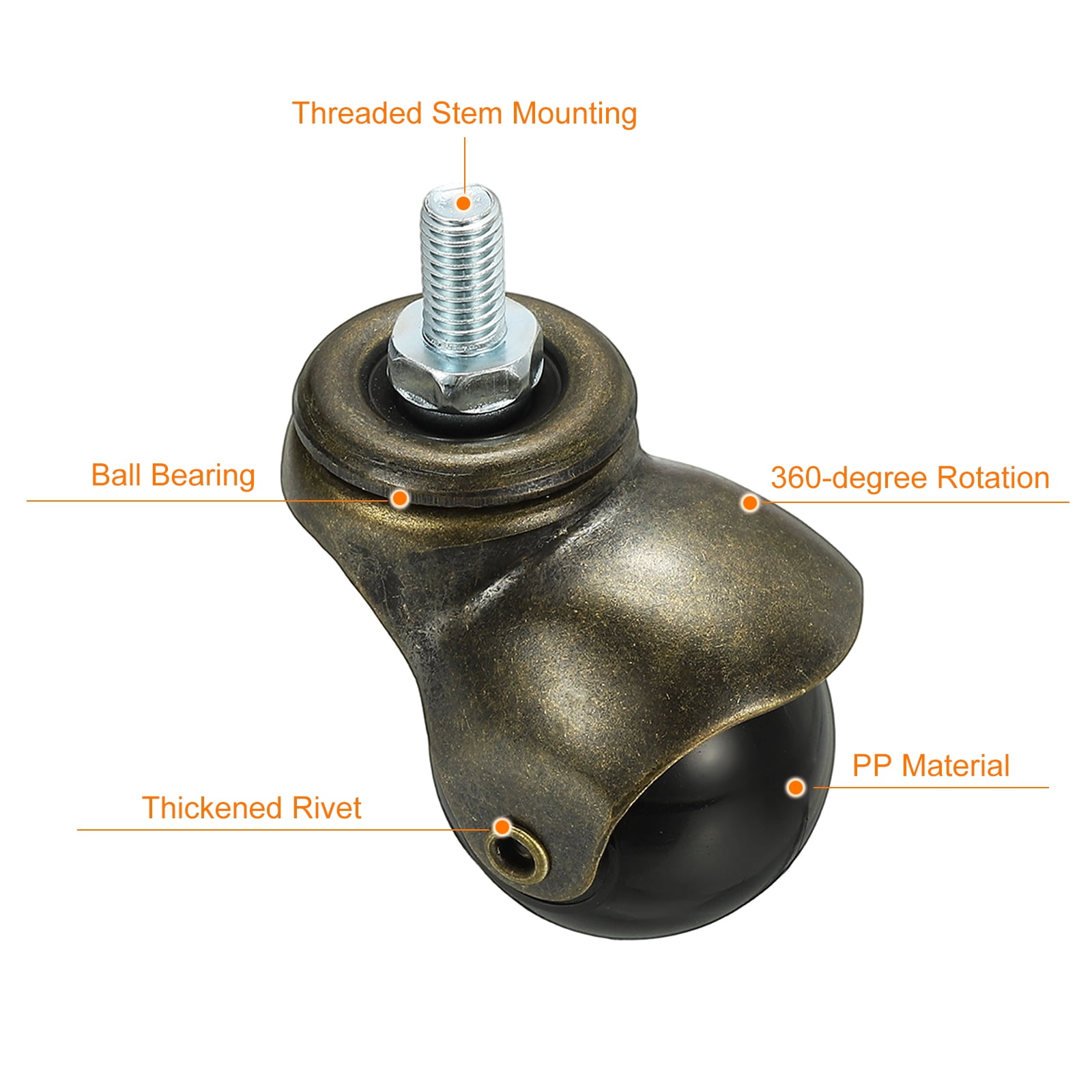 Uxcell 1.5" Ball Caster Wheels, 4 Pcs Threaded Stem Caster 360 Degree Movable Rotatable Caster Wheels for Furniture,bronze