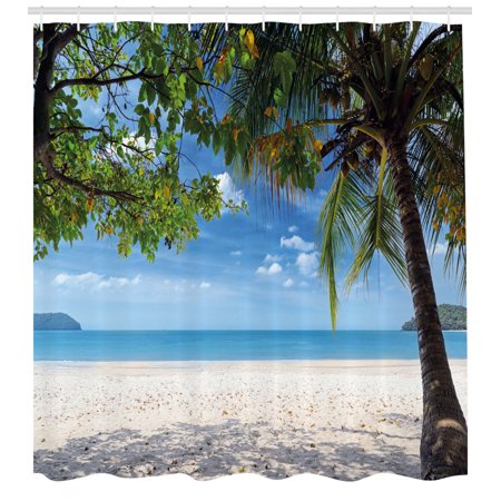 Summer Shower Curtain Tropical Beach Ocean Behind Palm Tree