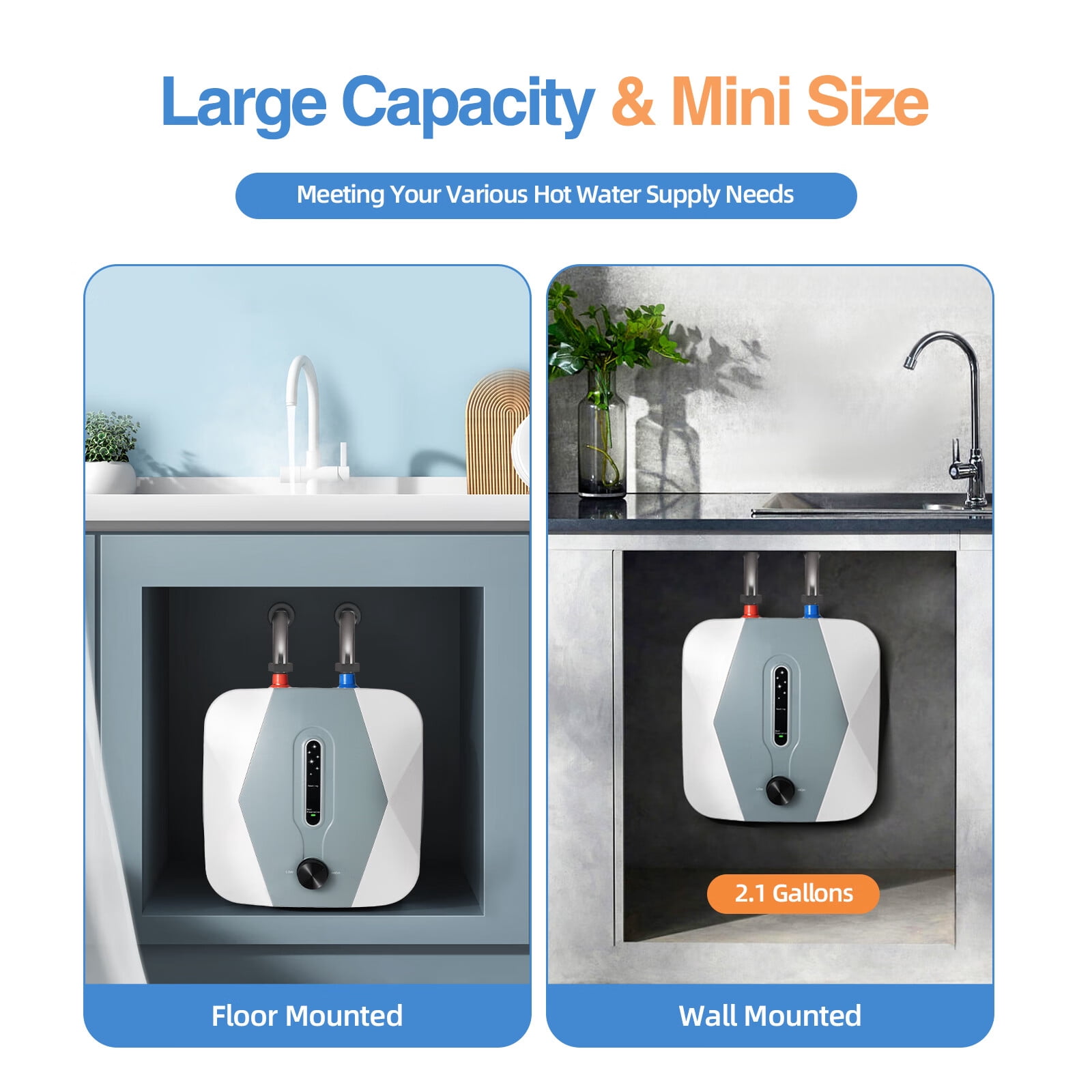 Anqidi 1500W 8L Electric Water Heater Under Sink Instant Hot Water Heater 2.1 Gallon Mini Small Water Tank Boiler IPX4 Waterproof Kitchen Bathroom Shower Heating Tank 110V
