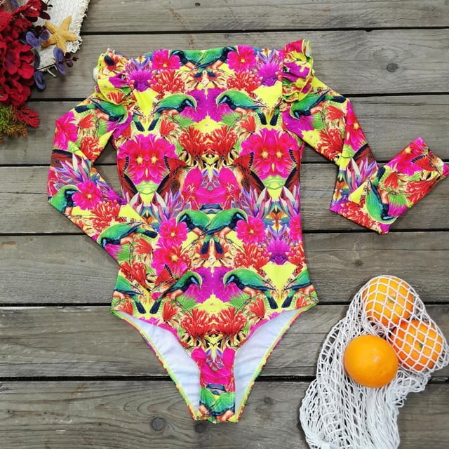 Baño De Una Pieza De Nuevo Estilo Traje De Baño De Surf Estampado De Manga Larga Para Deportes Europeos Y Americanos Estampado Inferior Blanco + Mangas Negras L (Zh) Traje Sweethay OD015287-16