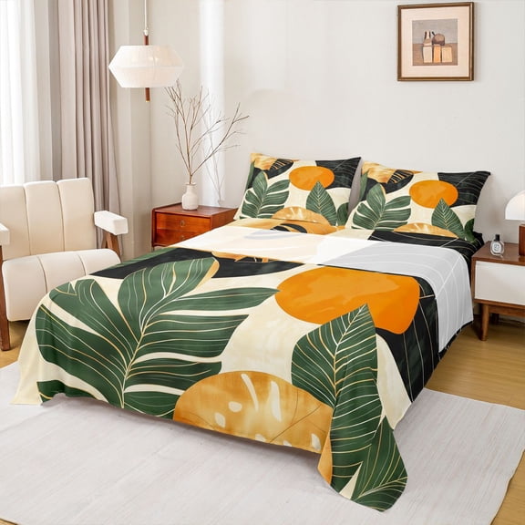 jejeloiu Vintage Geometric Circle Twin Sheet Sets,Tropical Monstera Leaf Twin Fitted Sheet,Retro Aesthetic Artwork Flat Sheet For Girls Kids,Microfiber Bedroom Decor,3 Pieces
