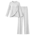 thumbnail image 4 of Brnmyaeo Womens 2 Piece Sets Ribbed Knit Asymmetrical Hem Long Sleeve Top and Straight Leg Pants Warm Cozy Matching Sets Airport Outfit, 4 of 7