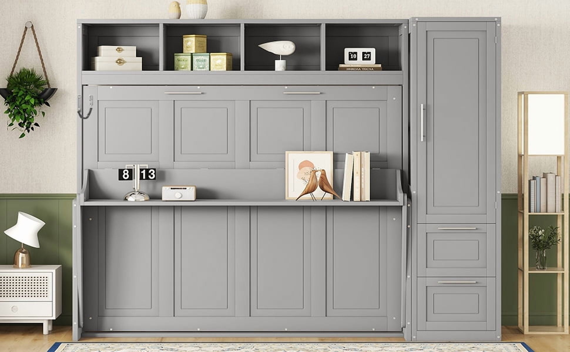 Mintazer Queen Size Murphy Bed with Top Shelf & Wardrobe, Modern Foldable Wall Bed with Drawers for Bedroom Apartment Guest Room, Gray