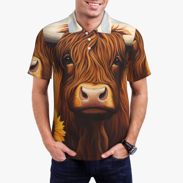 Fotbe Countryside Sunflower Cow Camiseta Polo de Golf para Hombre con Estampado – Camisa Deportiva Transpirable con Cuello Abotonado-Small