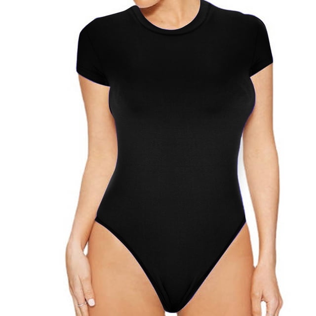 Penkiiy Justaucorps pour Femmes à Col Ras du Cou, Col Rond, Manches Courtes, Coupe Ajustée, Décontracté, Basique, Rallonge, Combinaison Quotidienne, T-Shirts, Noir, Gaine Ventre