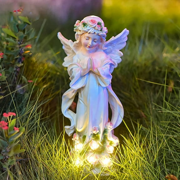 Solar Garden Statues Lights, Guardian Angel Figurines Light with Flower, Resin Praying Angel Figurine Lights Landscape Light, Outdoor Decor Garden Figurine for Patio Balcony Yard Lawn (White Angel)