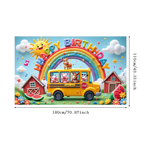 Colorful Design Happy Birthday Banner Farm Animals Rainbow Theme School Bus for Kid's Party Photo Shoot