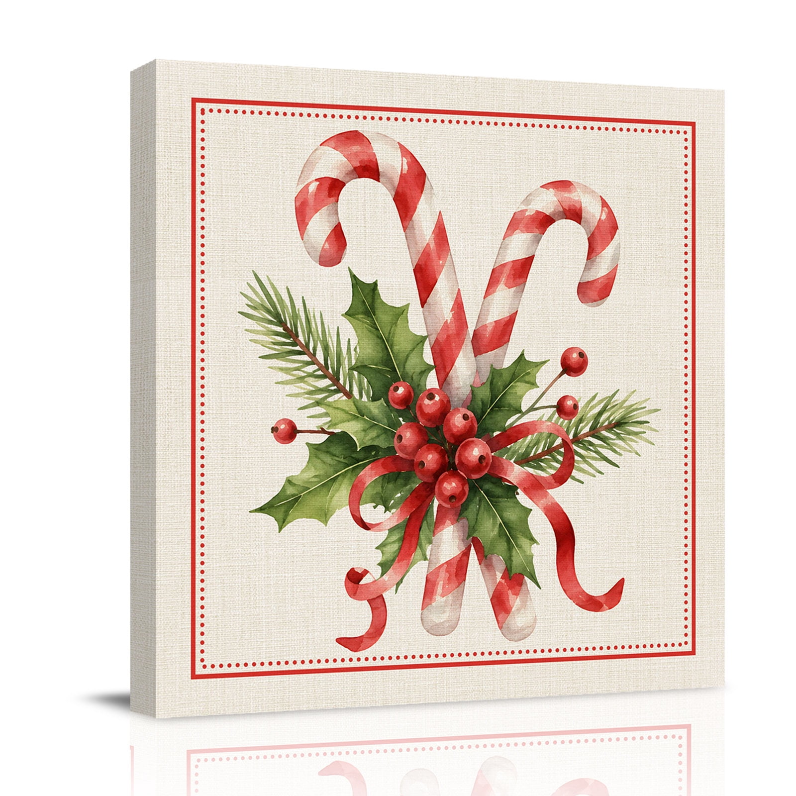 Canvas Wall Art Christmas Cane Framed Canvas Prints for Living Room Bathroom Winter Xmas Watercolor Holly Leaf Beige Gallery Wrapped Wall Decor for Home Office Gifts 12 x12 Ship Next Day