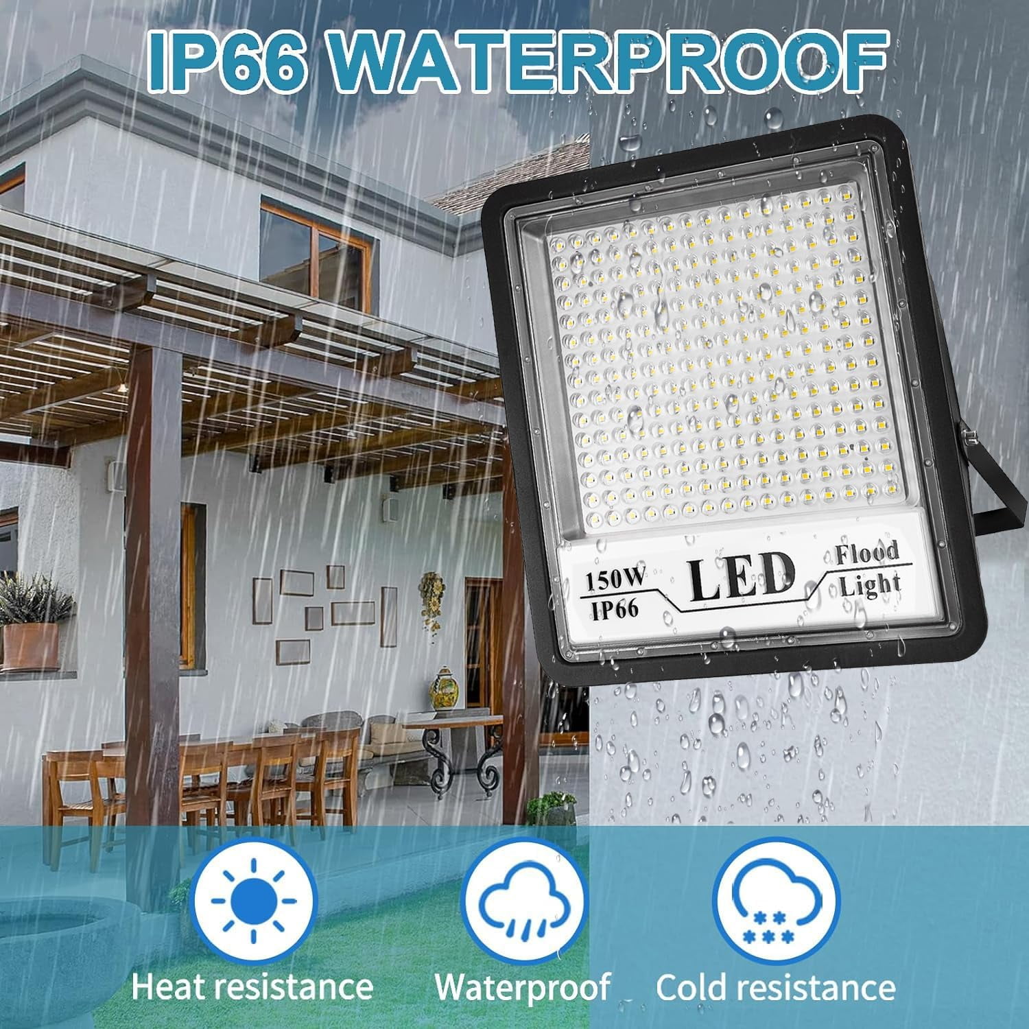 150W Flood Lights Outdoor, 12000LM Exterior LED Flood Light, IP66 Waterproof Security Light, 6500K Daylight White Floodlight