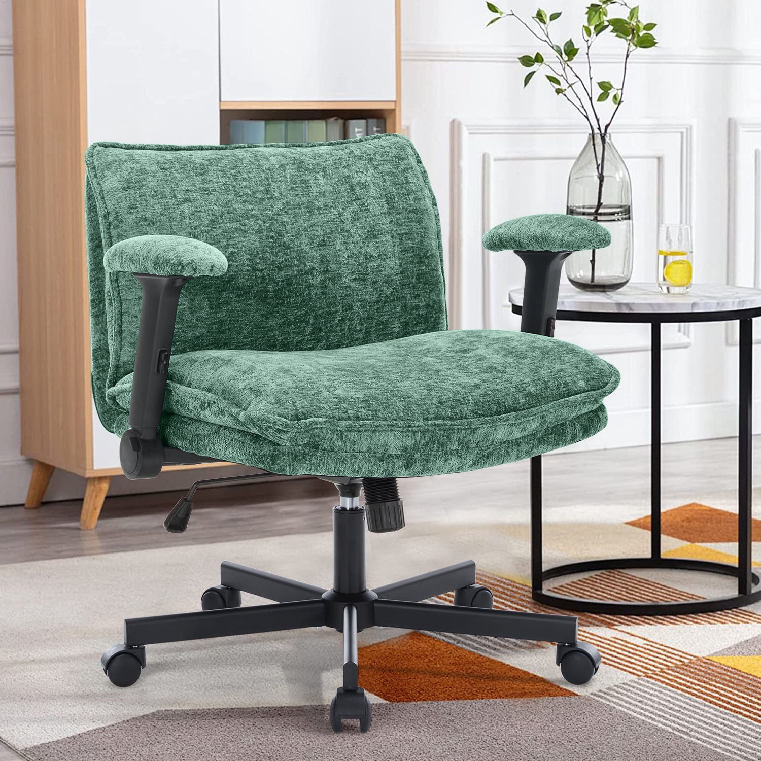 Criss Cross Chair with Wheels and Adjustable Flip-Arms, Cross Legged Office Chair with Thick Cushion, Wide Makeup Vanity Chair, Comfy Swivel Desk Chair for Home Office, Apartment, Bedroom, Green