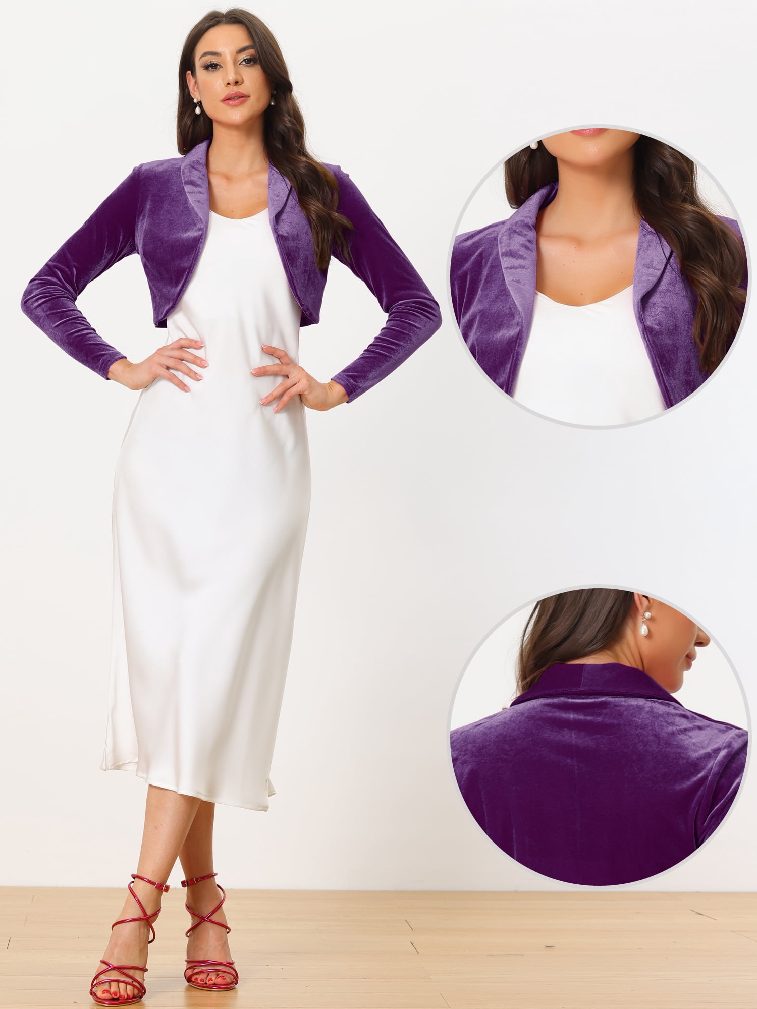 Unique Bargains Women's Open Front Long Sleeve Collar Shrug Cocktail Bolero Cardigan S Purple