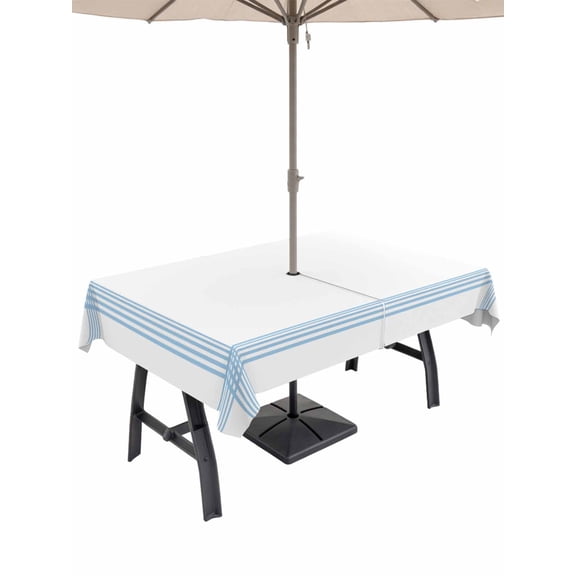 60x102 Inch Outdoor Tablecloth with Umbrella Hole Zipper Rectangle Blue Striped Rectangular Tablecloths Outside Waterproof Geometric Minimalist Watercolor White Patio Table Cover for Picnic Party
