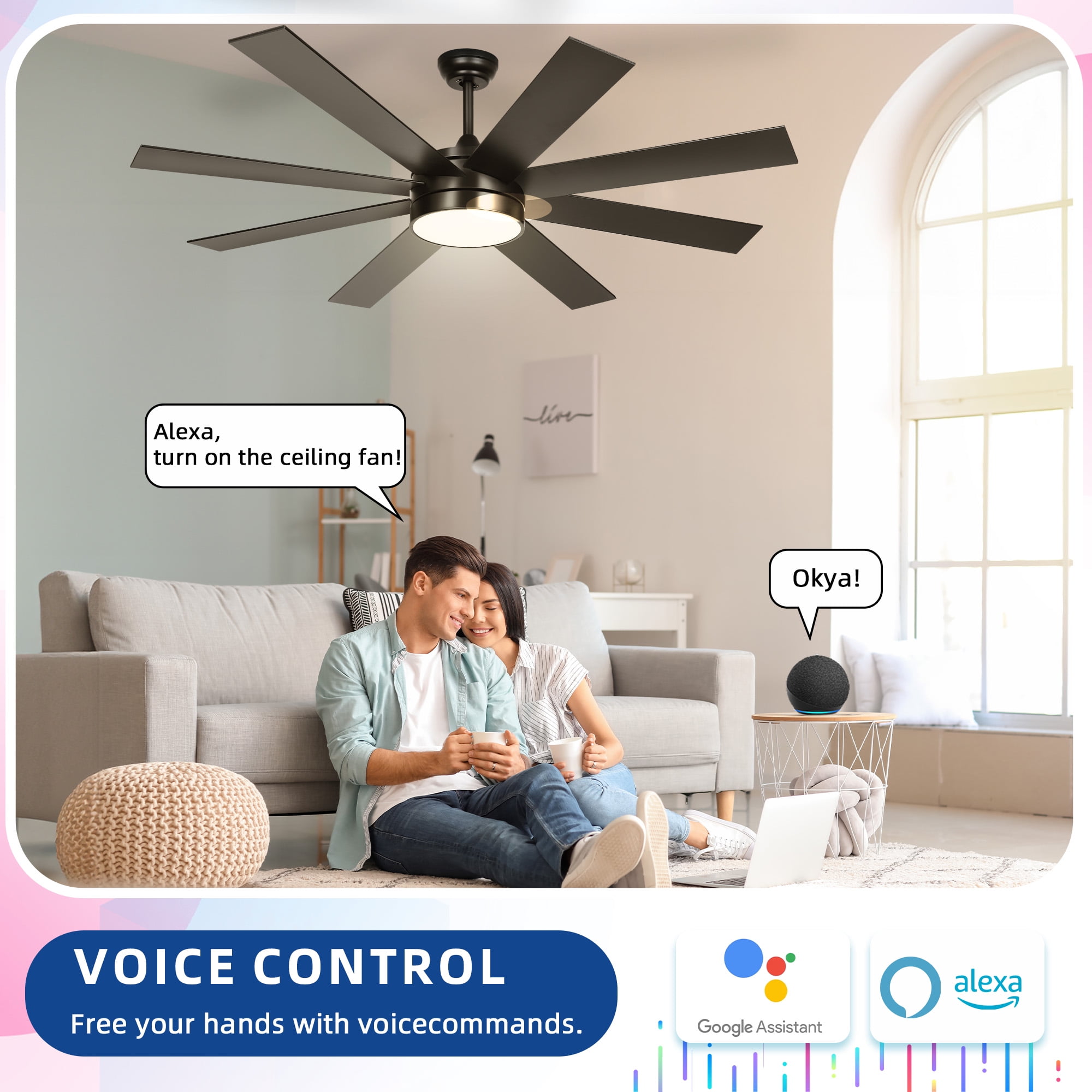Dextrus 60'' Modern Black Ceiling Fan Light Remote Control Smart App Compatible with Alexa
