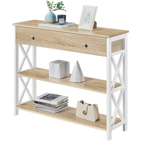Alden Design Wood and Iron Console Table 1 Drawer & 2 Shelves, Light Oak with White Frame