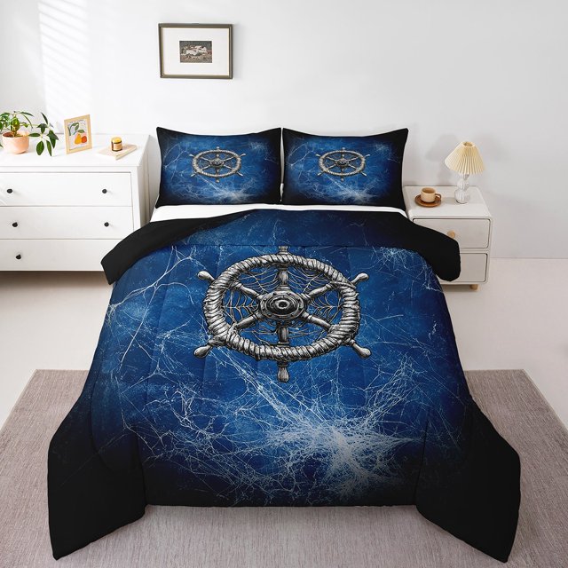Nautical Rudder Comforter Set Queen Size,Mystic Spider Web Trippy Blue Black Bedding Set for Teens Adults,Navigation Ocean Adventure Theme Psychedelic Down Comforter,3 Pcs 2 Pillowcases