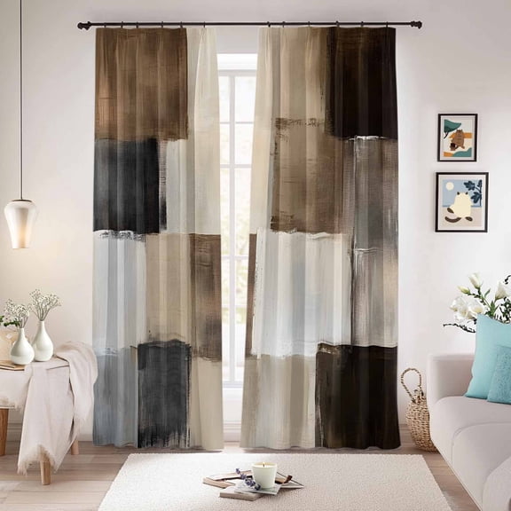 Black Brown Abstract Blackout Curtains for Bedroom/Living Room, Pinch Pleated Black Out Curtains, Oil Painting Color Blocks Room Darkening Window Drapes with Hooks 2 Panels, 39"x70"