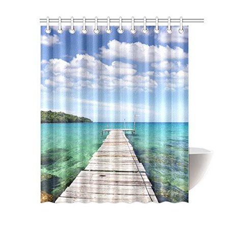 Gckg Wooden Bridge To Ocean Shower Curtain Blue Sky Sea