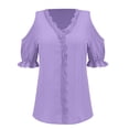 thumbnail image 4 of HLKJKLS T Shirts For Women Lace V Neck Short Sleeve Solid Color Elegant Comfy Soft Casual Vacation Tee Purple S-5Xl, 4 of 9