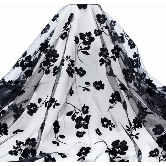 2 Yards Black Flocking Flowers Mesh Lace Fabric 63~67inch Lightweight Tulle Vintage Roses Lace Trim Fabric