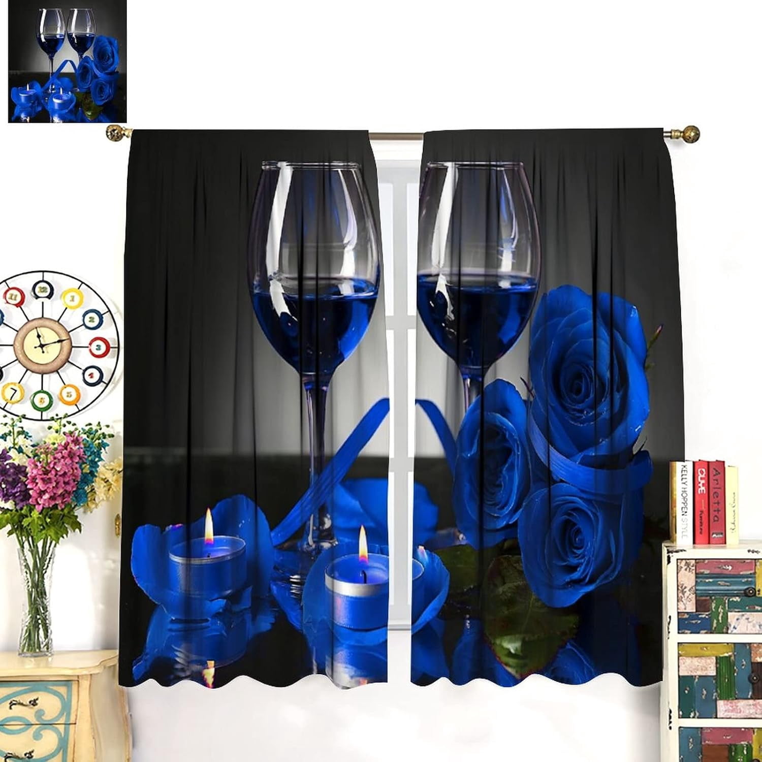 Blue Rose Wine Curtains Romantic 3D Rose Wine Glass Blossom Floral Flower Petals Valentines Curtain with Rod Pocket for Bedroom Living Room Drapes Window Treatments 2 Panels Set 84x84in