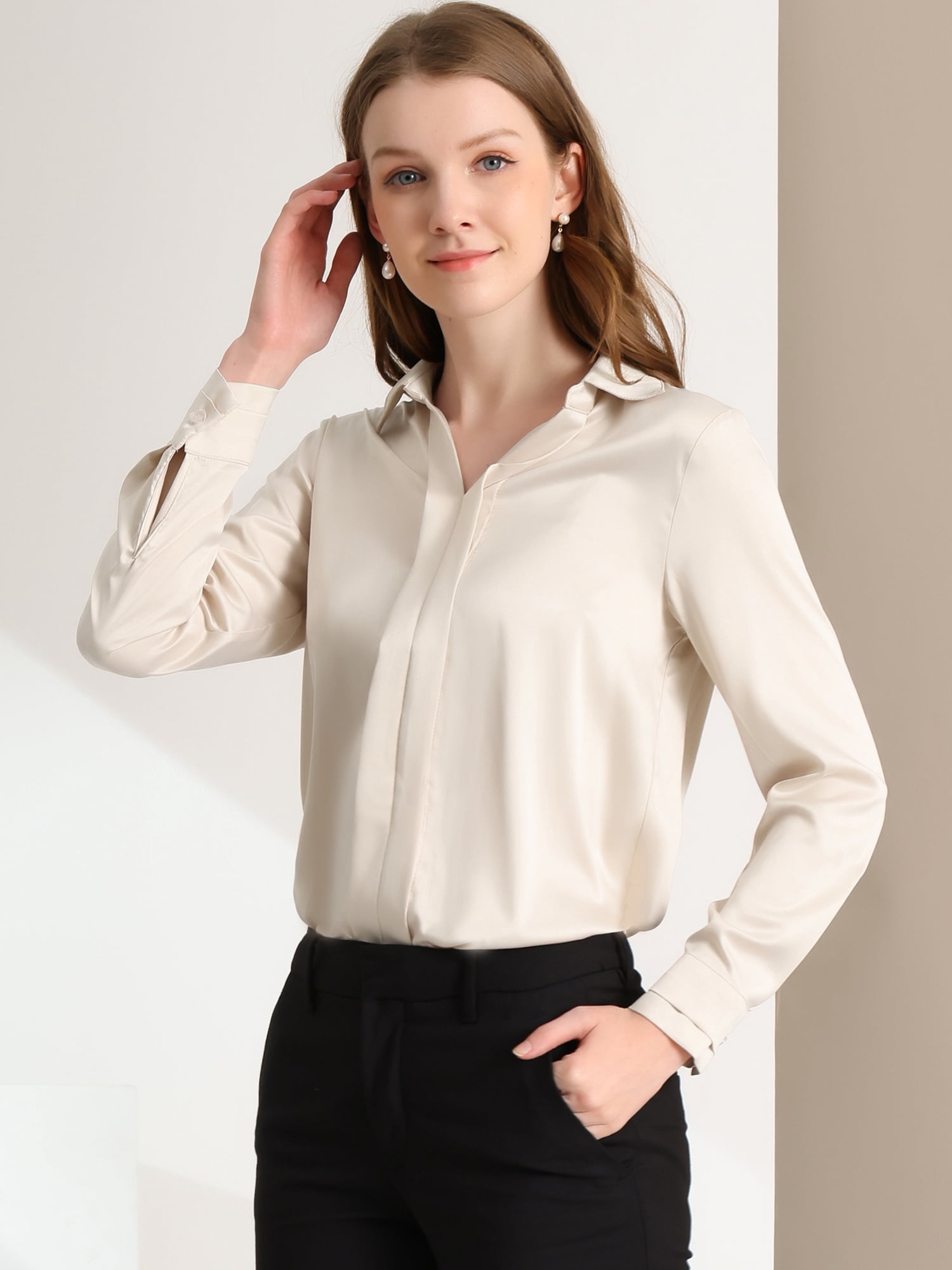 DARING DIVA Women's V Neck Classic Work Office Long Sleeve Shirt XL Apricot