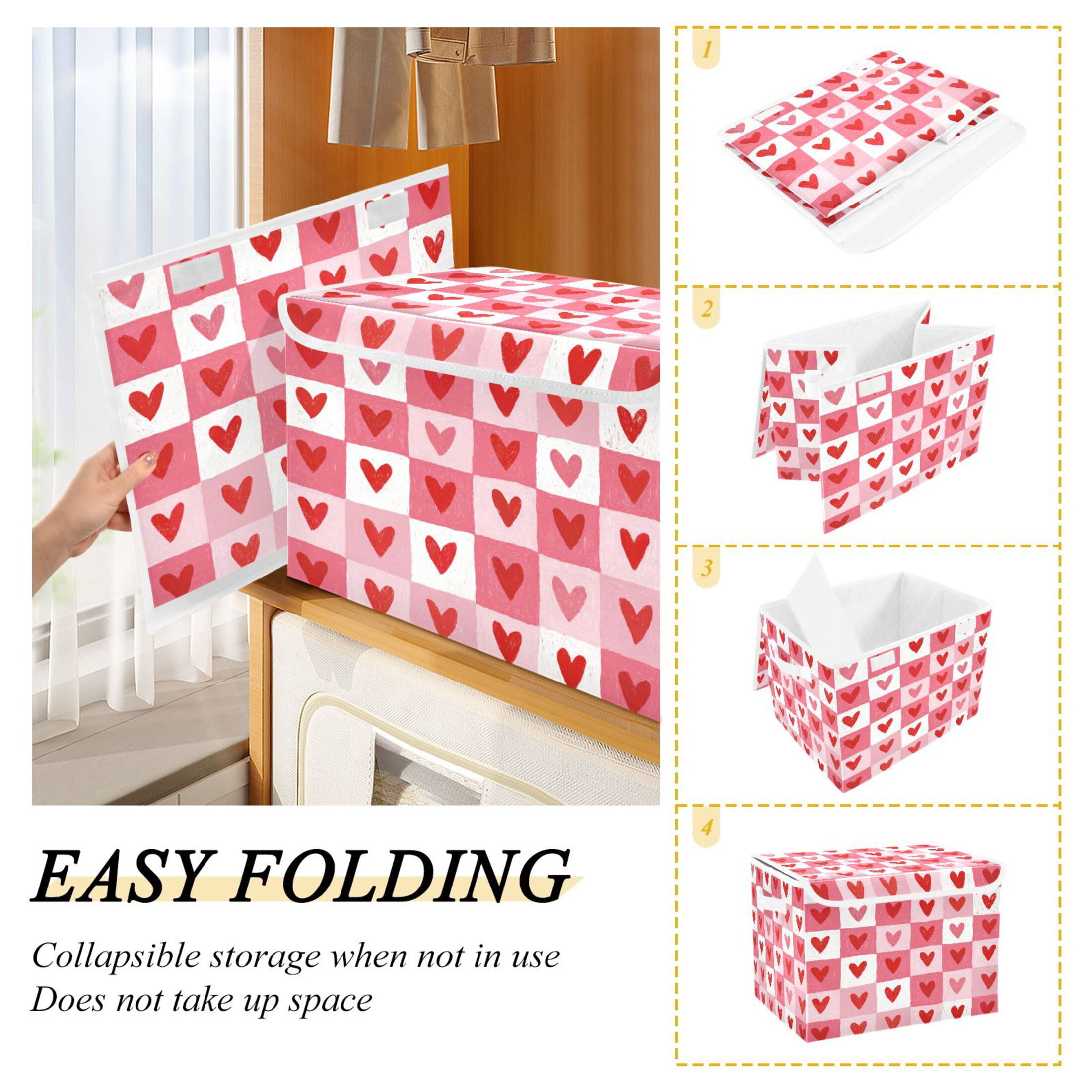 Large Collapsible Fabric Storage Box with Flip Lid & Handles, Decorative Organizer Basket for Home16.5×12.6×11.8in Crayon Heart Checkers