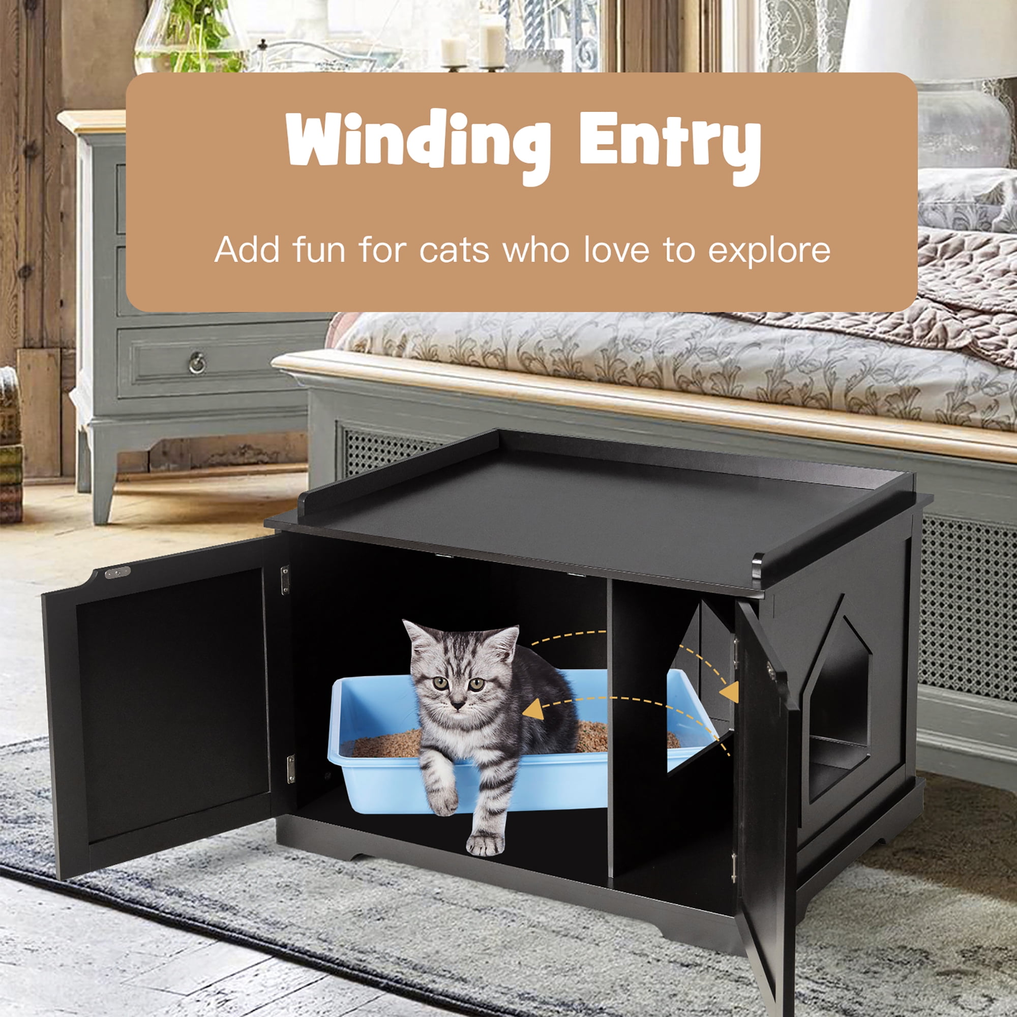 ALLOSWELL Litter Box Enclosure, Hidden Cat Washroom, Wooden Cat Enclosure  Furniture, Cat Box Cabinet Storage Bench, for Living Room, Rustic Brown  CWHR6001