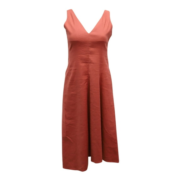 Pre-Owned Theory Slip V-neck Midi Dress in Red Orange Linen