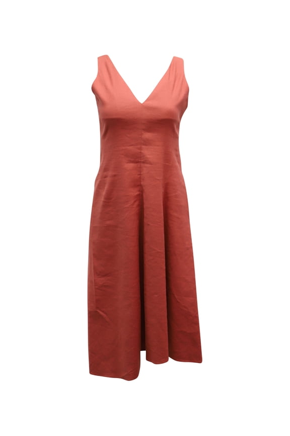 Pre-Owned Theory Slip V-neck Midi Dress in Red Orange Linen