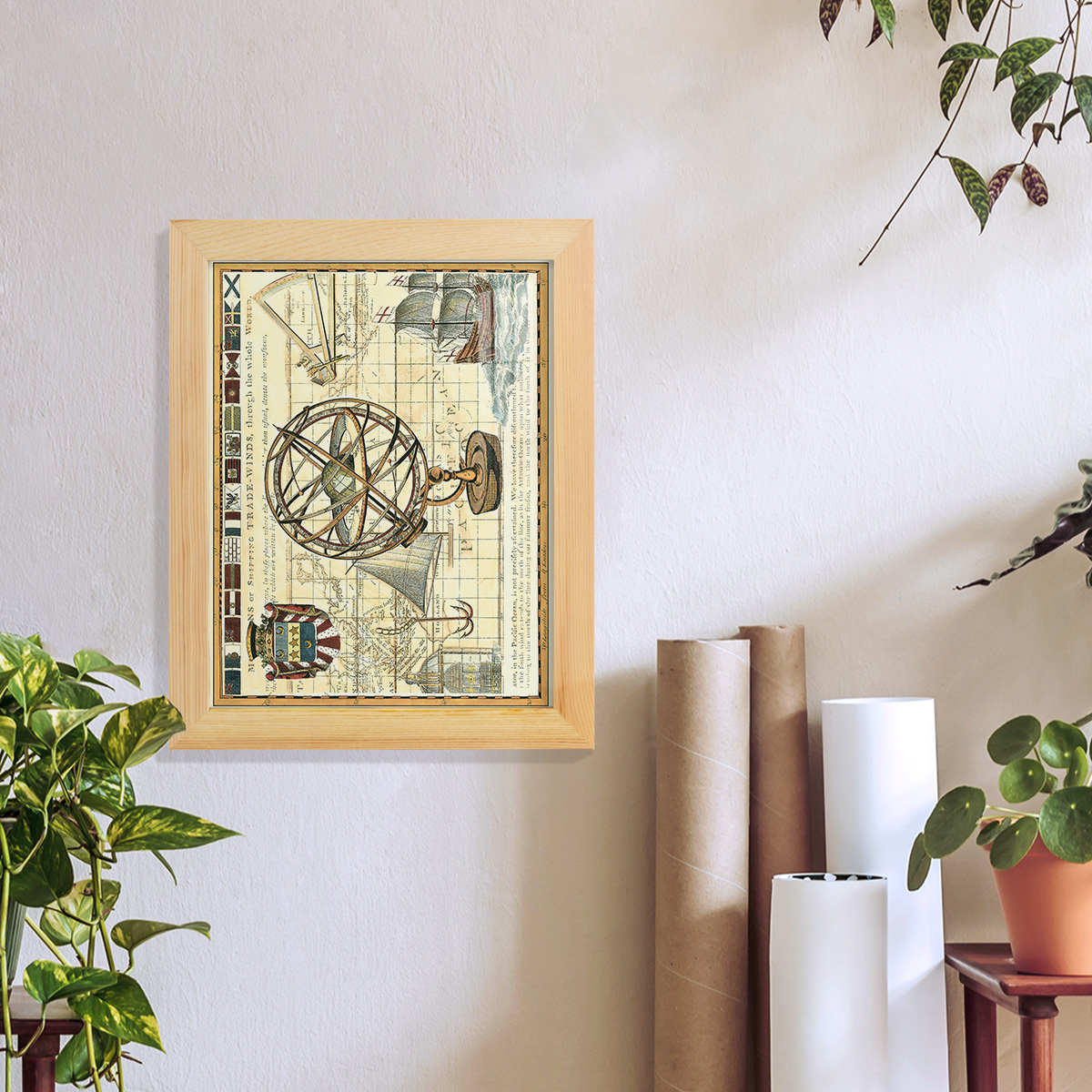 Nautical Map I -Framed Print w/glass-Natural Wood