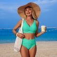 thumbnail image 6 of JoveMarine Women's Ruched Two Piece Swimsuit Solid Color Bikini Set Tummy Control Beach Bathing Suit Bathing Suit For Womens Swimsuits Cyan 2XL, 6 of 9
