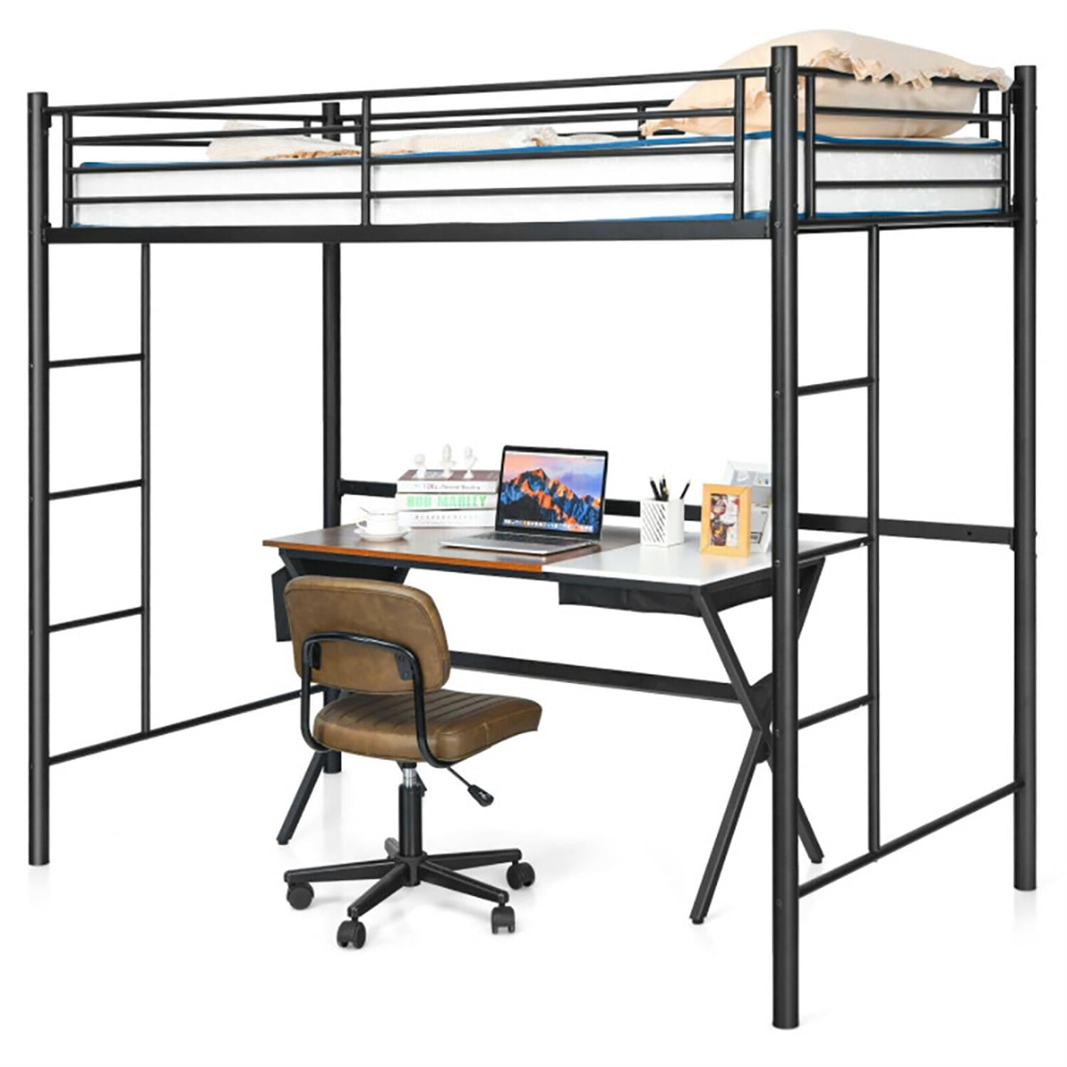 Demi Bonn Metal Twin Loft Bed Frame with 2 Ladders Full-length Guardrail for Teens, Black