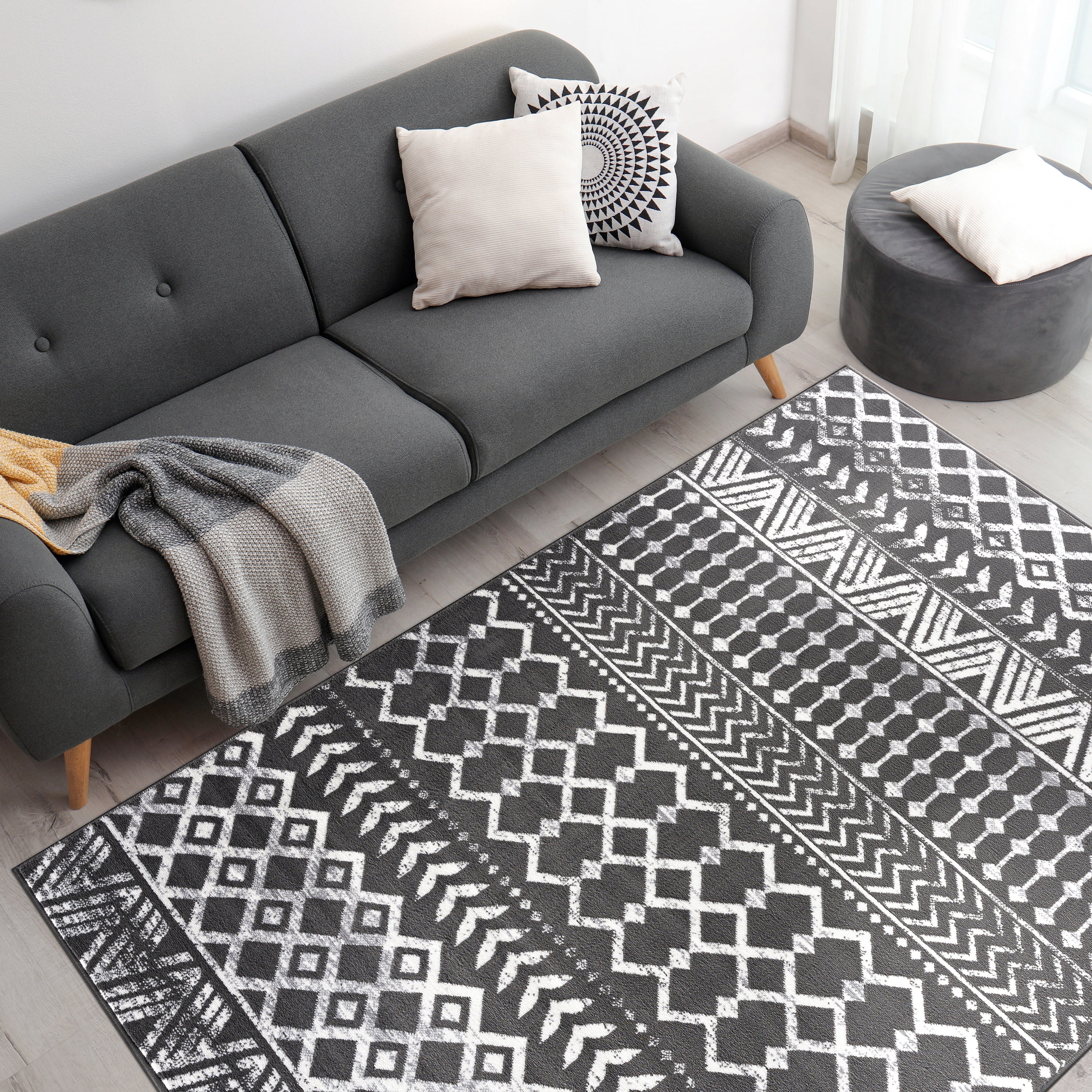 CAMILSON Crystal Dark Grey Area Rug 3'x5' Boho for Living Room Bedroom Dining Room Dark Grey / Cream Indoor Area Rugs
