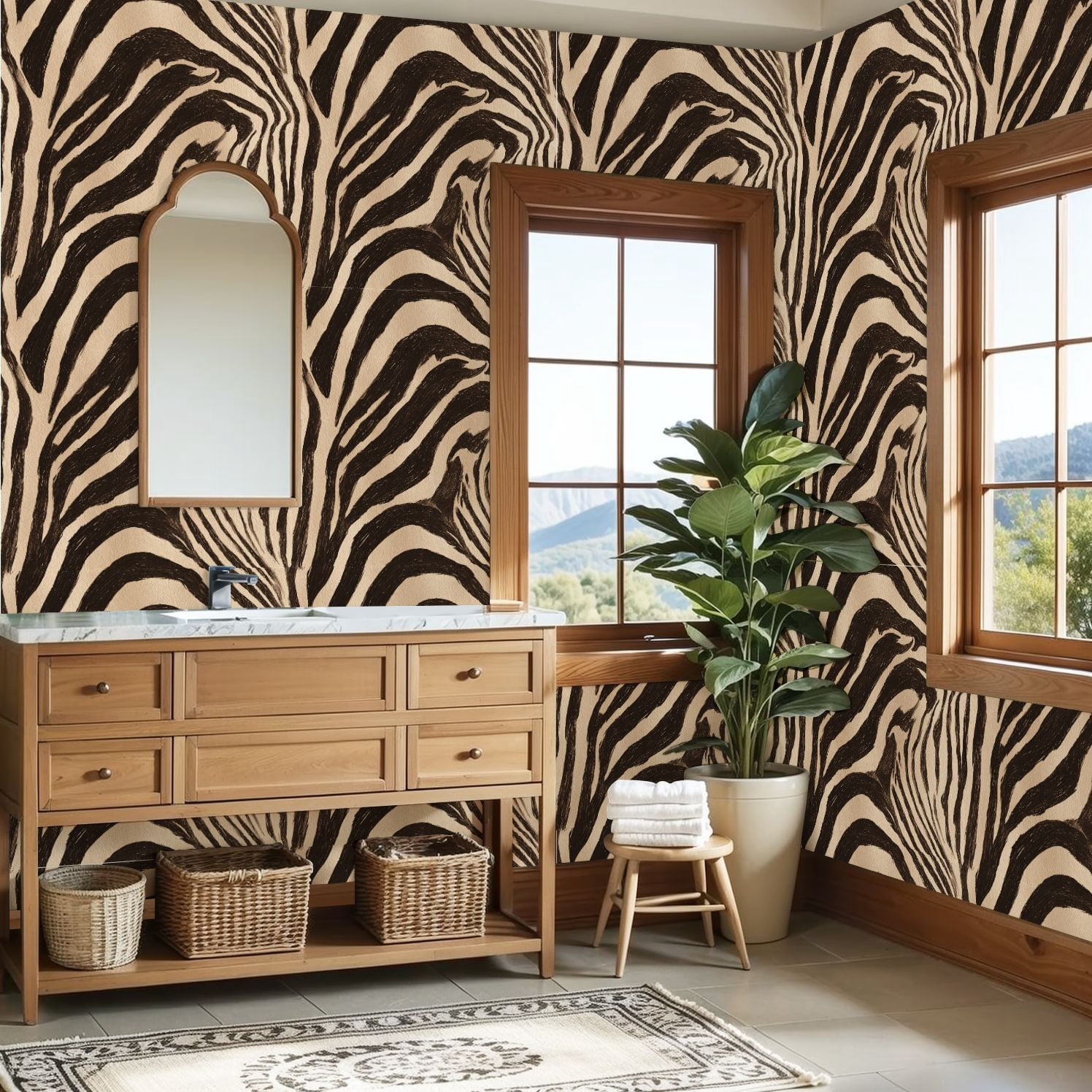 Peel and Stick Wallpaper Abstract Zebra Stripes Bold Black Beige Wall Mural 23.6in x 9.8ft Self Adhesive Removable Wall Paper Renter Friendly Wallpaper for Bedroom Nursery Living Room