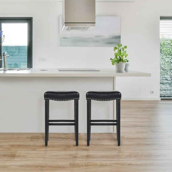 Costaelm Bulmon 29" Upholstered Bar Stool with Nail Head Trim, Black/Leather