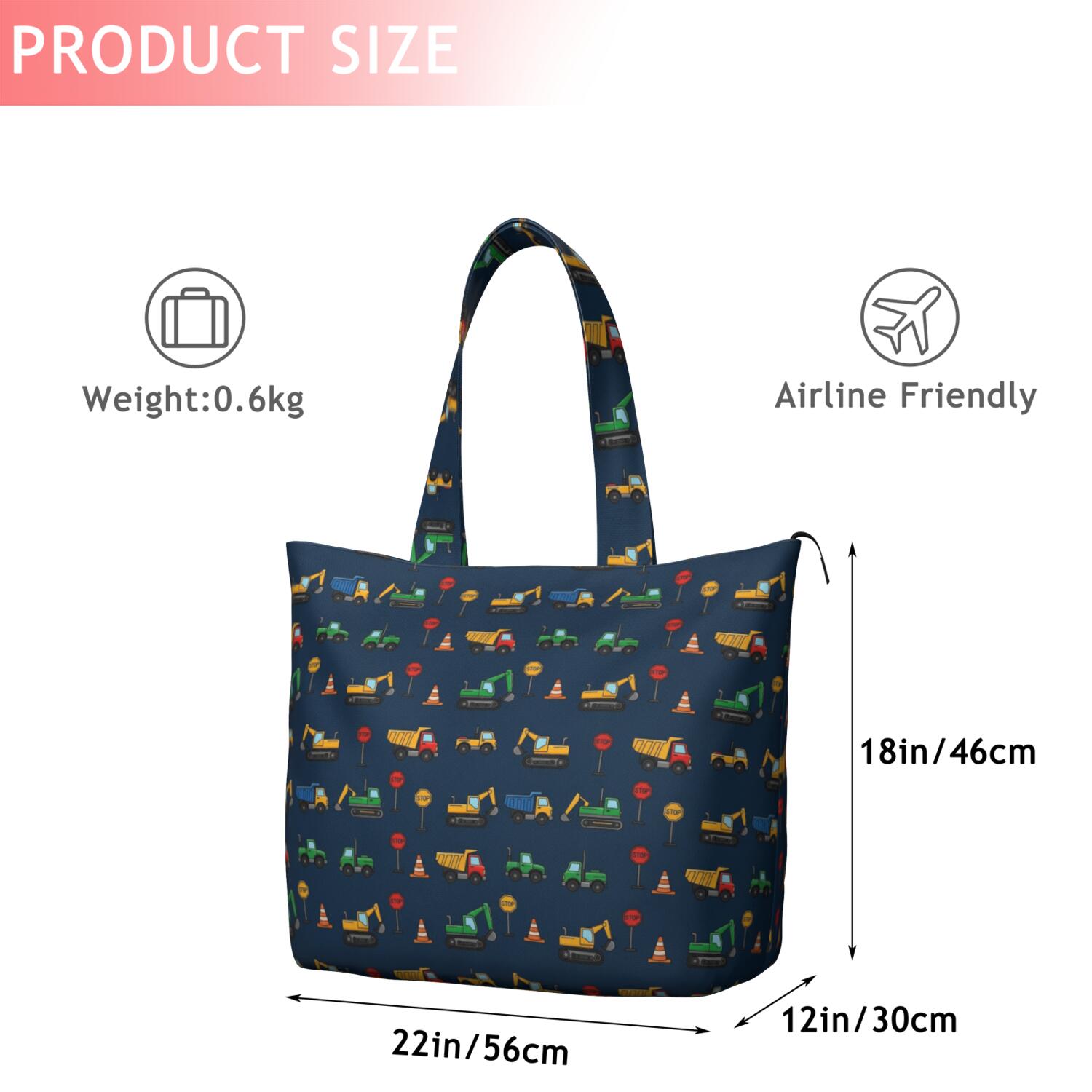 Cartoon Construction Vehicles Traffic Signs Travel Tote Bags for Women Carry On,Large Weekender Bags for Women Travel,Multi Functional Duffle Bag for Work,Shopping,Sports