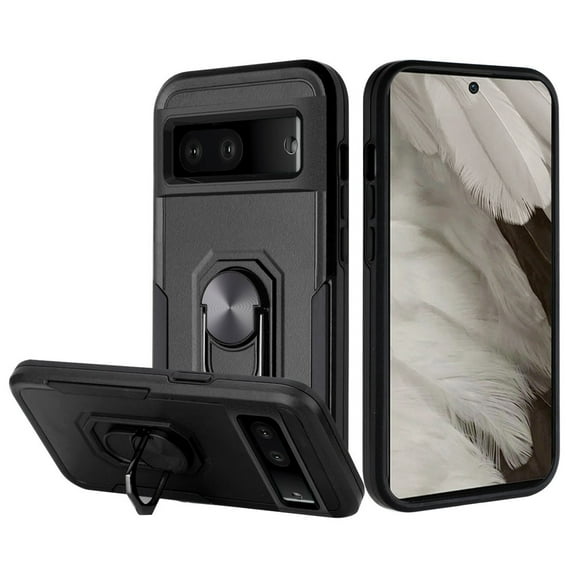 For Google Pixel 7A Hybrid Tough Strong Dual Layer Hard PC TPU with Flat Magnetic Ring Stand Heavy-Duty Armor Design Cover ,Xpm Phone Case [ Black ]