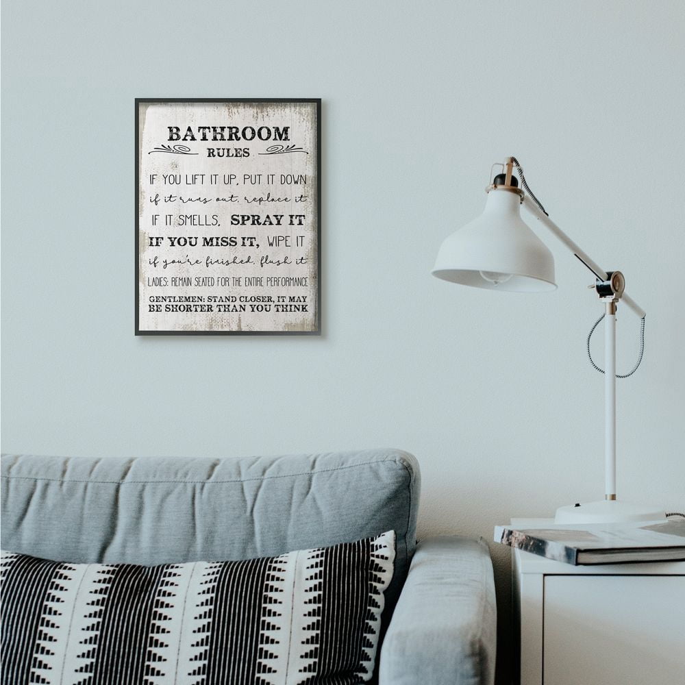 Stupell Industries Bathroom Rules Funny Word Wood Textured Design Framed Giclee Texturized Art by Daphne Polselli