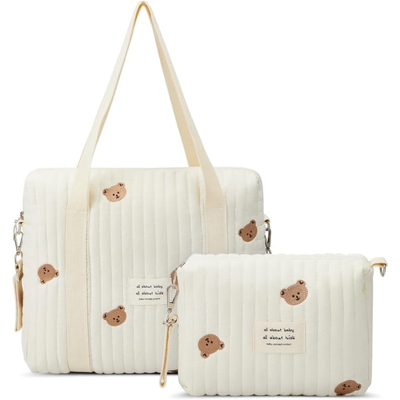 2-Piece Quilted Cotton Diaper Bag Set, Small Multifunction Maternity Tote with Cute Bear Pattern, Travel Stroller Storage Bag-bear-