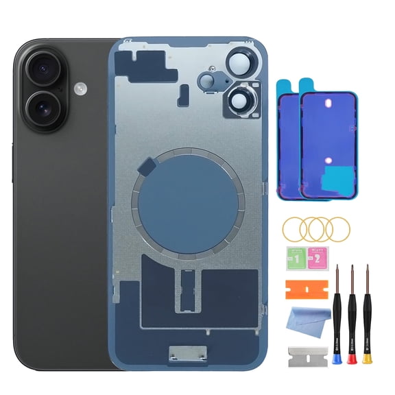 OEM Back Glass Replacement for iPhone 16 Plus (6.7-Inch) – Metal Camera Frame, Lens Glass & Magnet – Includes Repair Tools(Black)