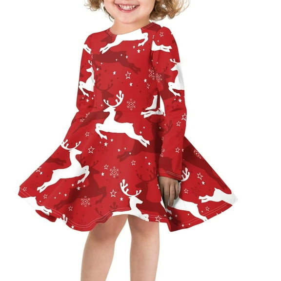 Renewold Christmas Winter Outdoor Kids A Line Dress Reindeer Snowflake Long Sleeve High Waistline Swing Dress Girls Twirly Skater School Dresses Size XS