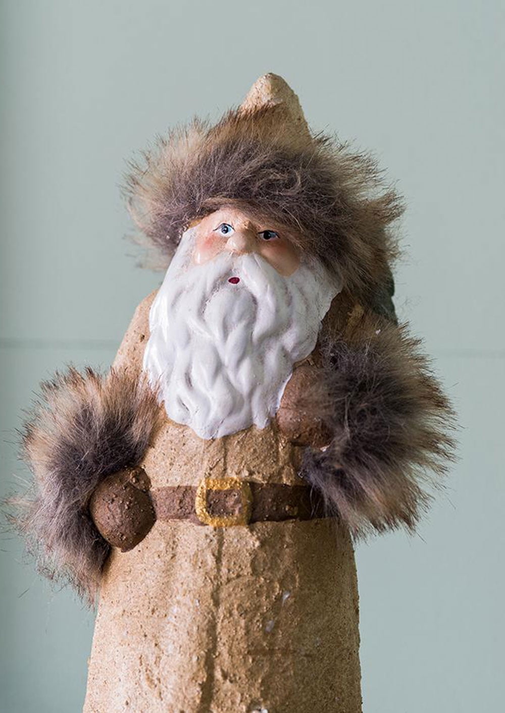 Rustic Terracotta Santa Figurine Christmas Decor Beige Long Coat Santa Statue with Fur Accents Frosted Rock Base Tabletop Mantel Holiday Centerpiece
