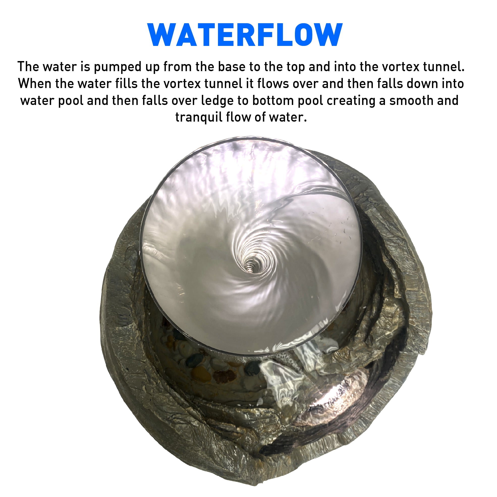 Vortex Rock Water Fountain with 6 LED Lights –Fiberglass Resin – Outdoor or Indoor Use – 2 Lights - Large 36” Tall X 21” Wide