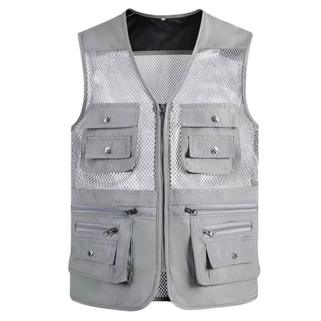 JUUYY Men s Mesh Fishing Vests Photography Work Multi-Pockets Utility Waistcoat Outdoors Journalist s Sleeveless Jacket Gray XXXXL