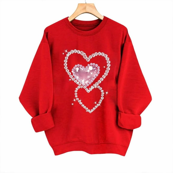 GuzomFashion Womens Pink Rhinestone Heart Sweatshirt, Relaxed Fit Crewneck Long Sleeve with Sparkle, S-XXL Casual Valentine's Day Top,Size 2XL